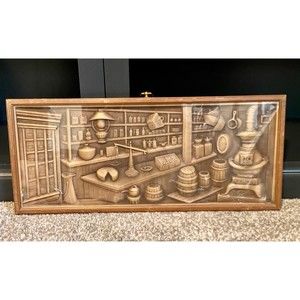 Vintage faux woodgrain rectangular plastic 3D shadowbox wall hanging